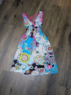 Sleeveless Multicolor Floral Print Summer Dress - Pink & Blue, Sz M